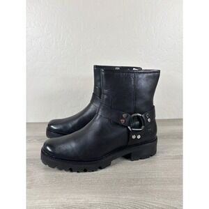 Frye Olivia Harness Short Black Leather Lug Sole Ankle Boots 11 M Moto